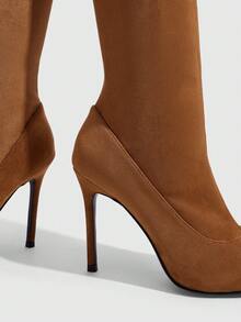 CUCCOO SZL Brown Elastic Patchwork Pointed Toe High Shaft Boots For Women, Autumn/Winter Thin Heel Slimming Knee-High Boots, Commute Versatile - caramel color - View 5