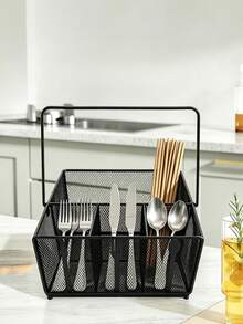 3/4 Compartment Black Metal Mesh Utensil Caddy, Cutlery Storage Organizer With Handle, Fork Spoon Knife Pattern Silverware Holder For Kitchen Countertop Table Restaurant - Knife and fork storage rack - View 10