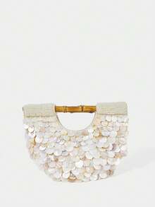 SHECARRY Ladies Fashionable Elegant Simple Heavy Industry Handmade Shell Pieces Pearl Wooden Handbag, Summer Vacation Beach Seaside - Beige - View 2