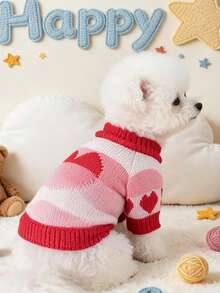 PETSIN 1pc Pet Sweater, Heart Gradient Jacquard Cat And Dog Universal Clothes, Autumn And Winter Warm Knitted Elastic Thread Sweater Pullover - Red and White - View 5