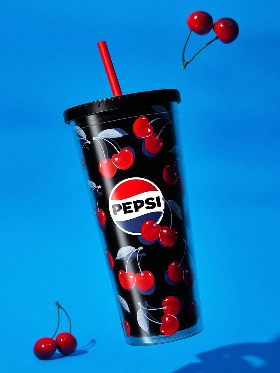 PEPSI X SHEIN 24 Oz / 700 Ml 雷射冷感平底杯 櫻桃圖案 適合購物、辦公室冷飲、夏季飲品禮物 - 紅色 - 查看 1