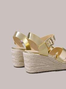 Styleloop Simple Cross-Strap Buckle Wedge Sandals, Comfortable Open-Toed Shoes With Straw Soles, Fashionable Embroidery Thread For Daily Travel And Com - Gold - View 5
