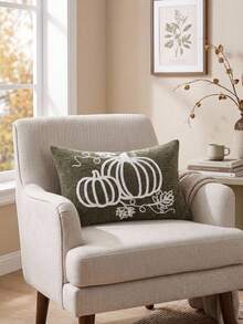 Cirelle 1pc/2pcs Fall Pumpkin Embroidery Lumbar Pillow Covers, Textured Rectangular Cushion Cases With Pumpkin Vine Leaf Pattern, Farmhouse Thanksgiving Autumn Decor For Sofa Bedroom Bay Window Homestay, Pillow Insert Not Included - Dark Green - View 2