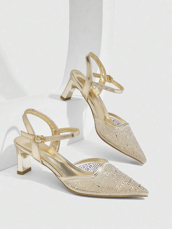 CUCCOO SZL Women's Sandals, Rhinestone Pointed Back Empty Sandals, Women's Thick Heel Banquet High Heels