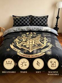 HARRY POTTER X SHEIN Set Sprei 3 Potong Bermotif, Terbuat dari Kain Lembut, Hangat, dan Bernapas. Sprei Pink Cocok untuk Tempat Tidur Single, Double, Queen, dan Queen Size. Dapat Dicuci dengan Mesin. - Hitam gelap - View 8