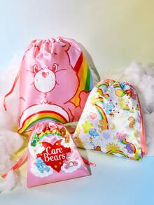 SHEIN X Care Bears 彩色熊緞面抽繩收納袋，柔軟絲滑布料，防塵抽繩設計，適合旅行衣物與盥洗用品收納 - 粉綠黃 - 查看 1