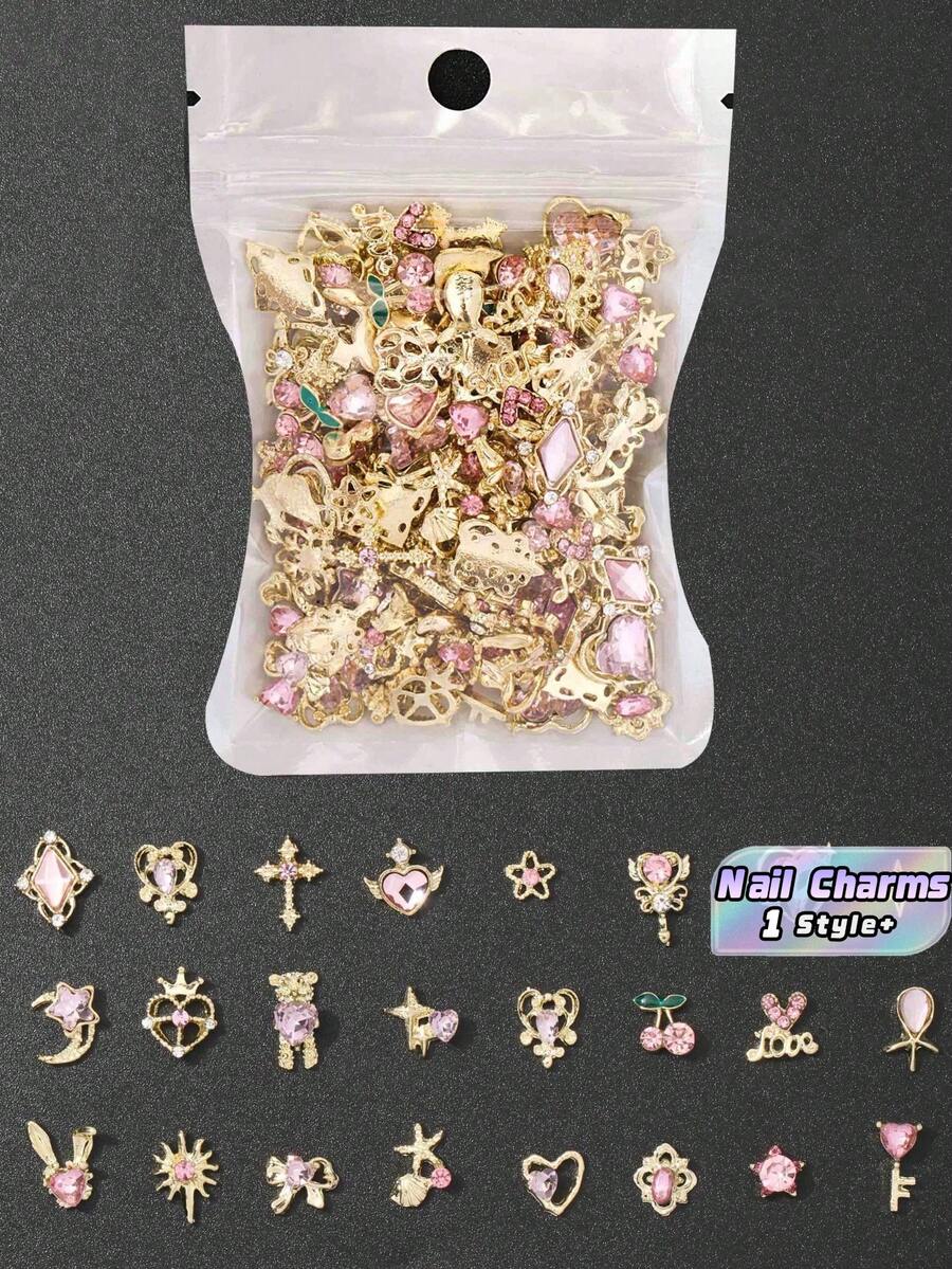 30件組金粉色美甲飾品套裝,亮晶晶水晶3D愛心蝴蝶結星星櫻桃皇冠蝴蝶花朵裝飾,自黏式DIY美甲用品,適合女性美甲派對 - 多色2 - 查看 1