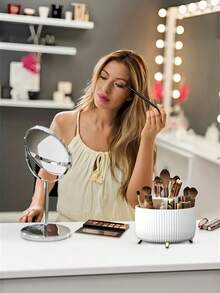 1PC 360° Rotating Makeup Organizer, Plastic Cosmetic Storage Box With 4 Compartments, Multifunctional Stand For Brushes Lipsticks Skincare Stationery, Odorless Luxury Striped Desk Storage Box, Space Saving Vanity Dresser Decor - Multicolor - View 2