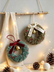Cirelle 1pc Mini Plush Christmas Wreath Ornaments With Bell & Ribbon Bow, Cozy Faux Fur Hanging Tree Decor For Holiday Door, Mantel & Party Crafts - multicolor - View 9