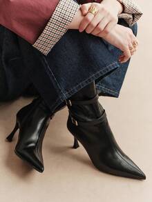 Rosivie Women's Double Buckle With Decorative Short Ankle Boots, Pointed Horn Stiletto High Heel Ankle Boots, Elegant Black Imitation Leather Fashion Boots, D Fall Shoes - Black - Color - View 6