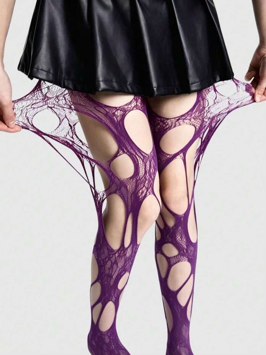 ROMWE Goth 性感女士破洞黑色魚網襪 - 洞洞紫色 - 查看 1