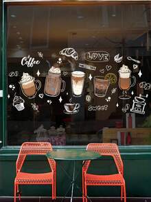 Hand-Drawn Coffee Window Static Cling Sticker, Cartoon Drink Dessert Bread Designs, Adhesive-Free Reusable, For Coffee Shop, Bakery, Home, Office, Storefront Glass Decor - Milk tea cup - View 2