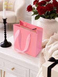 Muroi Mono 1/5/10 Packs Matte Pink Paper Gift Bags With Soft Satin Handheld Handles, 5.5*5.9 Inch Reinforced Bottom Stand-Up Square Pouches, Minimalist Luxury Packaging Bag For Birthday Wedding Holiday Gift Wrapping - Pink - View 9