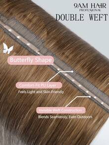 9AM HAIR 蝴蝶结发片，真人发，无胶 OVO PU 孔，手工编织，隐形 DIY 双层发片，直发，1 片装，16 英寸 - S4C - 查看 7