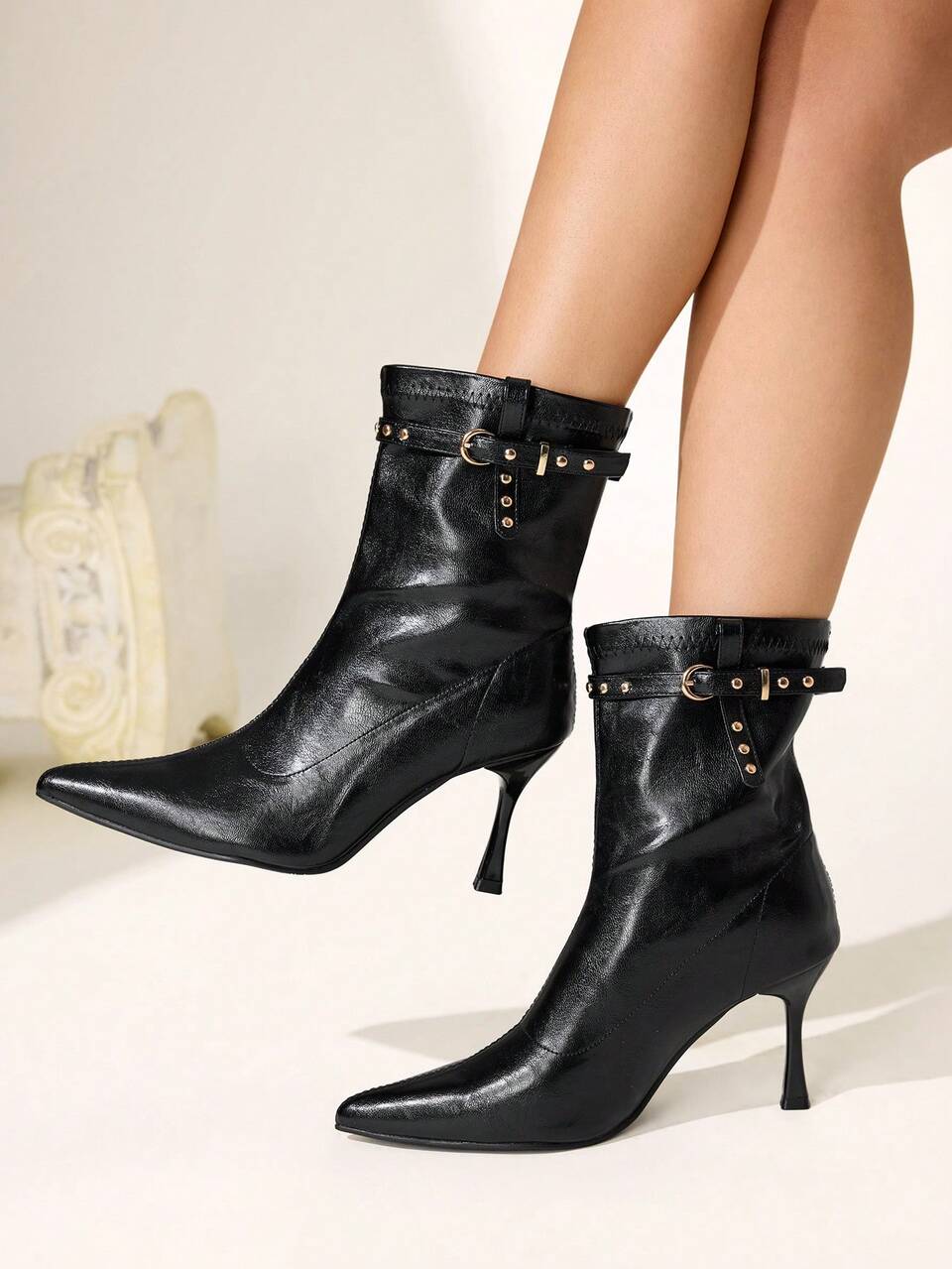 CUCCOO CHICEST Women's Autumn/Winter Rivet Buckle Pointed Toe Stiletto High Heel Black Ankle Boots Fall Boots