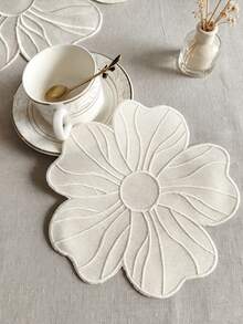 Cirelle 1pc Floral Embroidered Placemat And Coaster, White Flower Shaped Fabric Table Mat, Elegant Heat Resistant Tableware Dinner Mat For Home Wedding Party Decor - Beige - View 13
