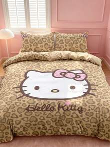 HELLO KITTY AND FRIENDS | SHEIN 3件組可愛卡通印花被套組，磨毛材質，柔軟保暖，多尺寸可選，適用單人床/雙人床/加大雙人床/特大雙人床 - 咖啡棕 - 查看 4