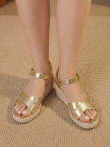 Styleloop Simple Cross-Strap Buckle Wedge Sandals, Comfortable Open-Toed Shoes With Straw Soles, Fashionable Embroidery Thread For Daily Travel And Com - Gold - View 8