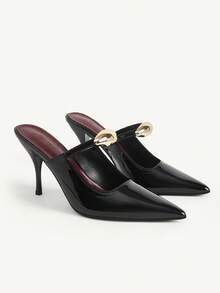 CUCCOO CHICEST Women's Pointed Toe Stiletto Heel Mule Shoes, All-Season Metal Decor Black Patent Leather Commute Party Date Shoes - Black - View 2