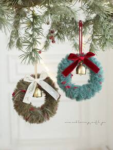 Cirelle 1pc Mini Plush Christmas Wreath Ornaments With Bell & Ribbon Bow, Cozy Faux Fur Hanging Tree Decor For Holiday Door, Mantel & Party Crafts - multicolor - View 6