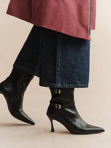Rosivie Women's Double Buckle With Decorative Short Ankle Boots, Pointed Horn Stiletto High Heel Ankle Boots, Elegant Black Imitation Leather Fashion Boots, D Fall Shoes - Black - Color - View 5