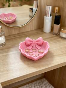 1PC Standard Size Durable Plastic Non Slip Scratch Resistant Lightweight Easy Clean Versatile Pink Heart Shaped Bow Design Jewelry Organizer Tray Storage Holder For Rings Gems Earrings Dressing Table Desk Bedside Home Office Vanity Decor - Multicolor - View 3
