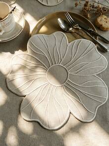 Cirelle 1pc Floral Embroidered Placemat And Coaster, White Flower Shaped Fabric Table Mat, Elegant Heat Resistant Tableware Dinner Mat For Home Wedding Party Decor - Beige - View 12