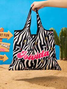 LOONEY TUNES X Joivida 8 Oz Polyester Canvas Tote Bag, Black And White Zebra Print With Bright Pink Letter Design, Lightweight Reusable Shoulder Bag, Large Capacity For Shopping, Travel, Work And Daily Storage - Multicolor - View 5