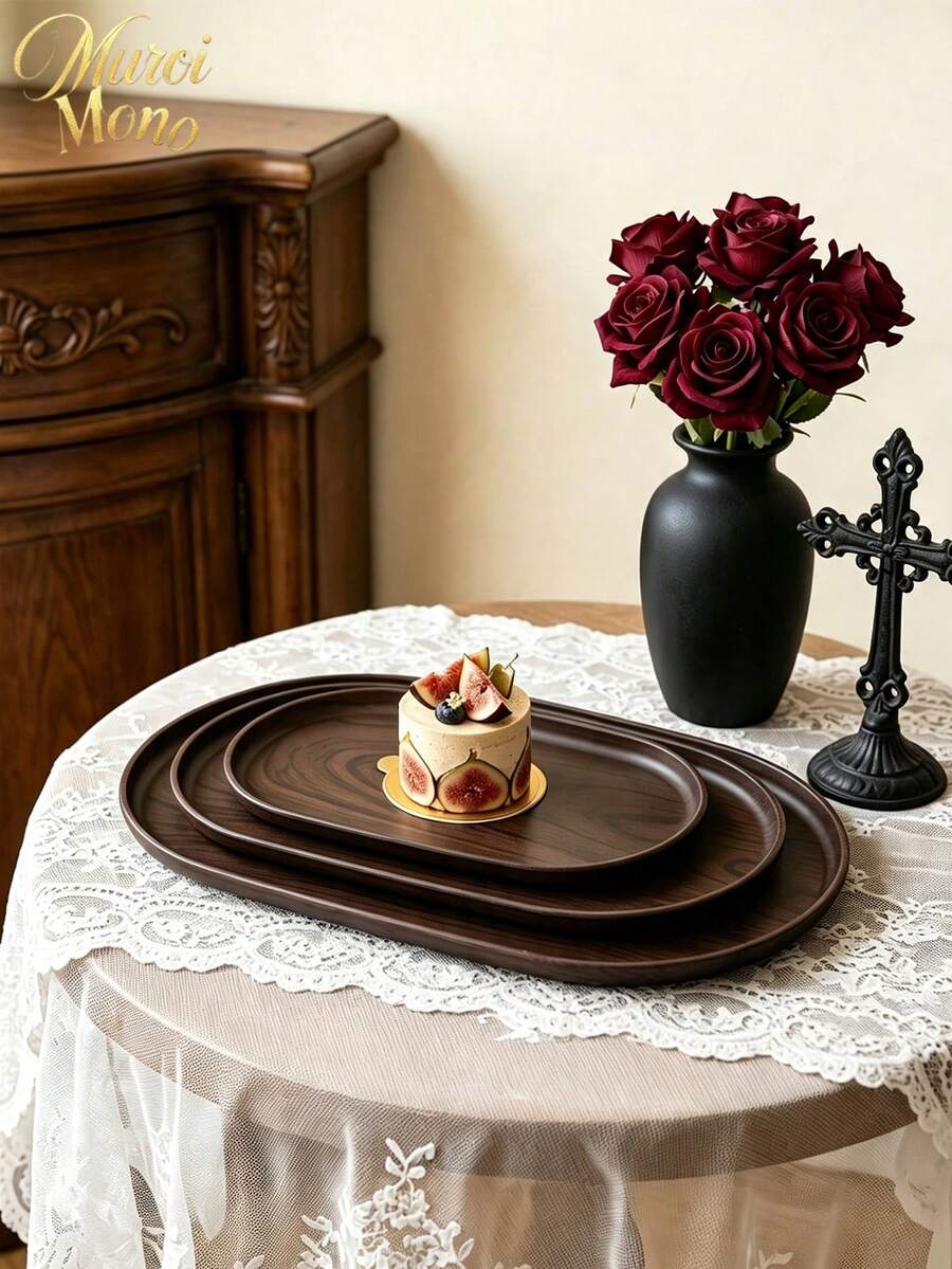 Muroi Mono 1pc PP Imitation Wood Grain Oval Serving Tray, Decorative Storage Platter For Snack Dessert Tea Cup, Kitchen Cafe Dining Table Home Decor - Multicolor - View 1