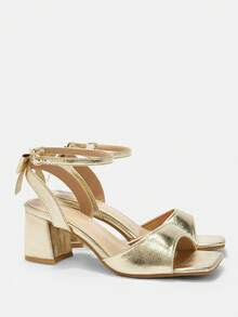 CUCCOO CURVES Women's Square Toe Buckle Design Daily Versatile Fashion Wide Last High Heels - Golden burst - View 2