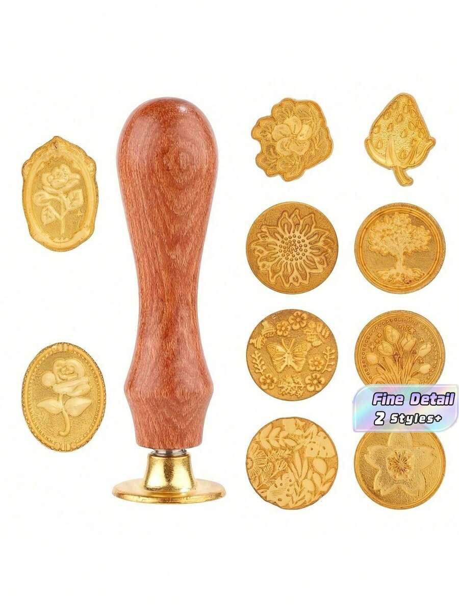 10/11pcs Golden Wax Seal Stamp Set With Wooden Handle, Metal Seal Wax Stamp Kit With Various Patterns For Letter, Greeting Card, And Gift Decoration - Multicolor - View 1