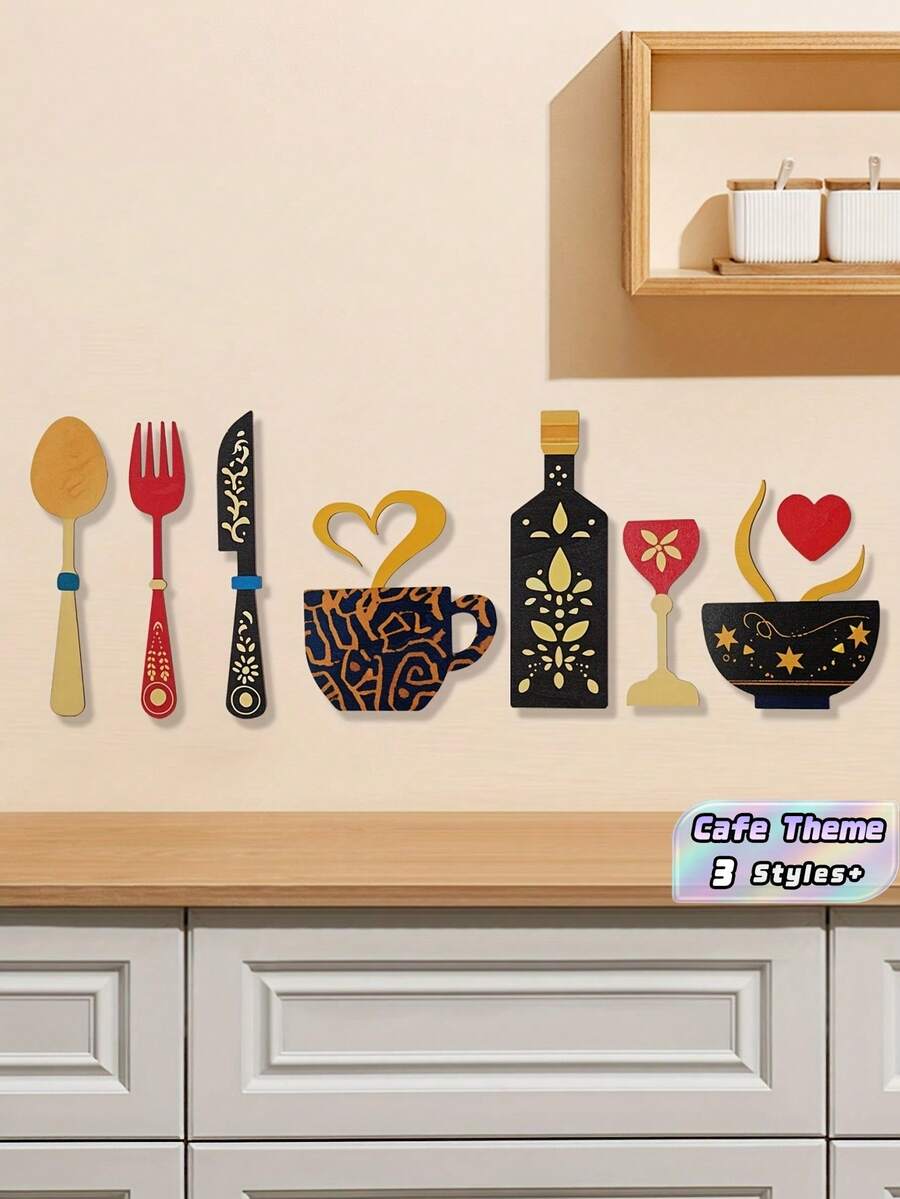 8PCS Creative Rustic Wooden Wall Art Hanging Set Fork Coffee Cup Wine Glass Shape Kitchen Cafe Restaurant Bar Wall Sign Home Decor Housewarming Halloween Christmas Gift Must Haves