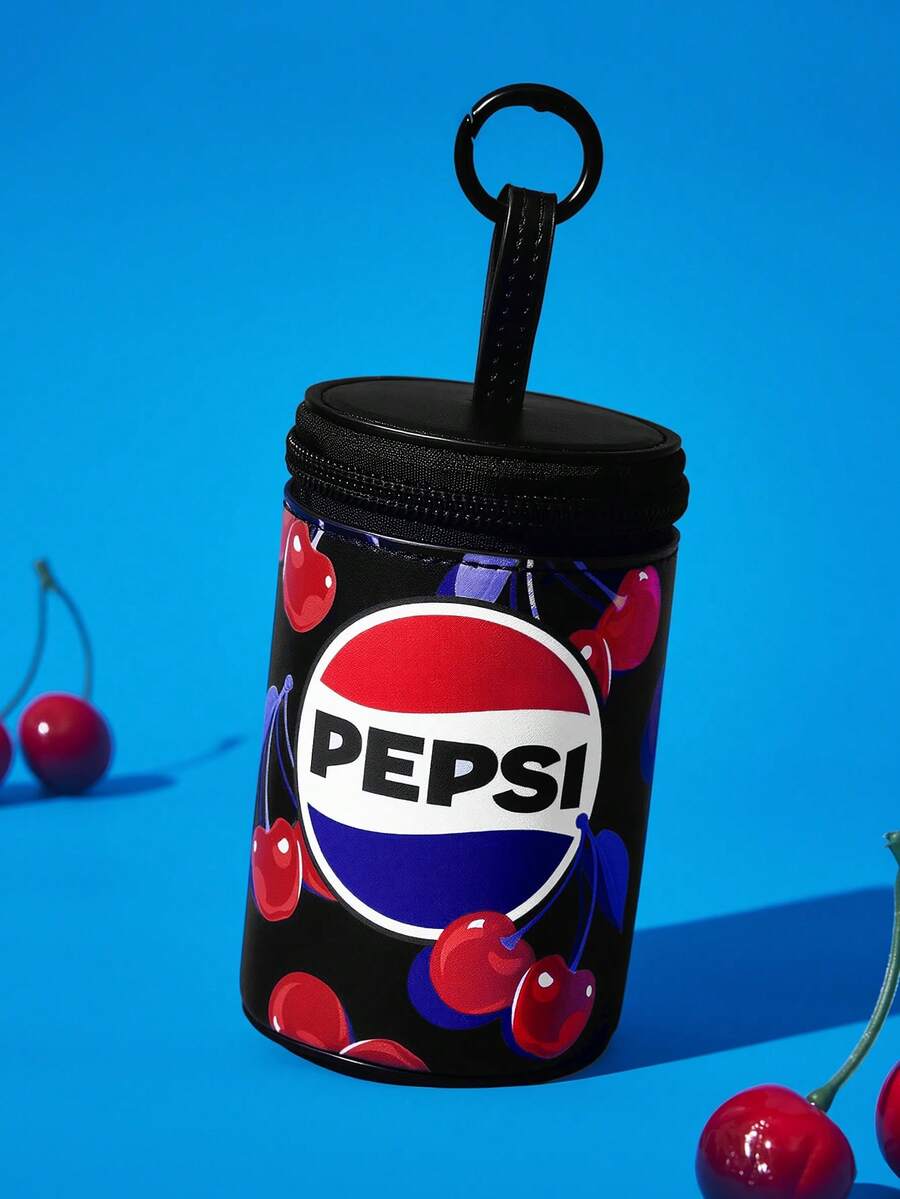 PEPSI X SHEIN Retro Fruit Drink Mini PU Cylinder Wallet With Metal Clasp. Stores Cash And Cables, Portable Hanging Purse For Workers Commutes & Short Travels - Blue - View 1