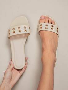 SHUZIA Women's Fashionable Comfortable Metal Eyelets Decor Slip-On Flat Sandals - White - View 2