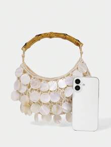 SHECARRY Ladies Fashionable Elegant Simple Heavy Industry Handmade Shell Pieces Wooden Handbag, Summer Vacation Beach Seaside - Beige - View 5