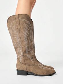 ROMWE Fairycore Women's Western Boots, Pointed V-Cut Thick Heel Embroidered Boots, Low Heel Clogs, Zip Knight Boots And Ankle Boots Spring Shoes - Coffee + white line wings - View 4