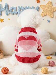 PETSIN 1pc Pet Sweater, Heart Gradient Jacquard Cat And Dog Universal Clothes, Autumn And Winter Warm Knitted Elastic Thread Sweater Pullover - Red and White - View 3