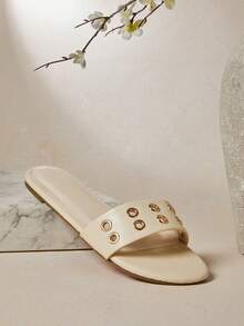 SHUZIA Women's Fashionable Comfortable Metal Eyelets Decor Slip-On Flat Sandals - White - View 3