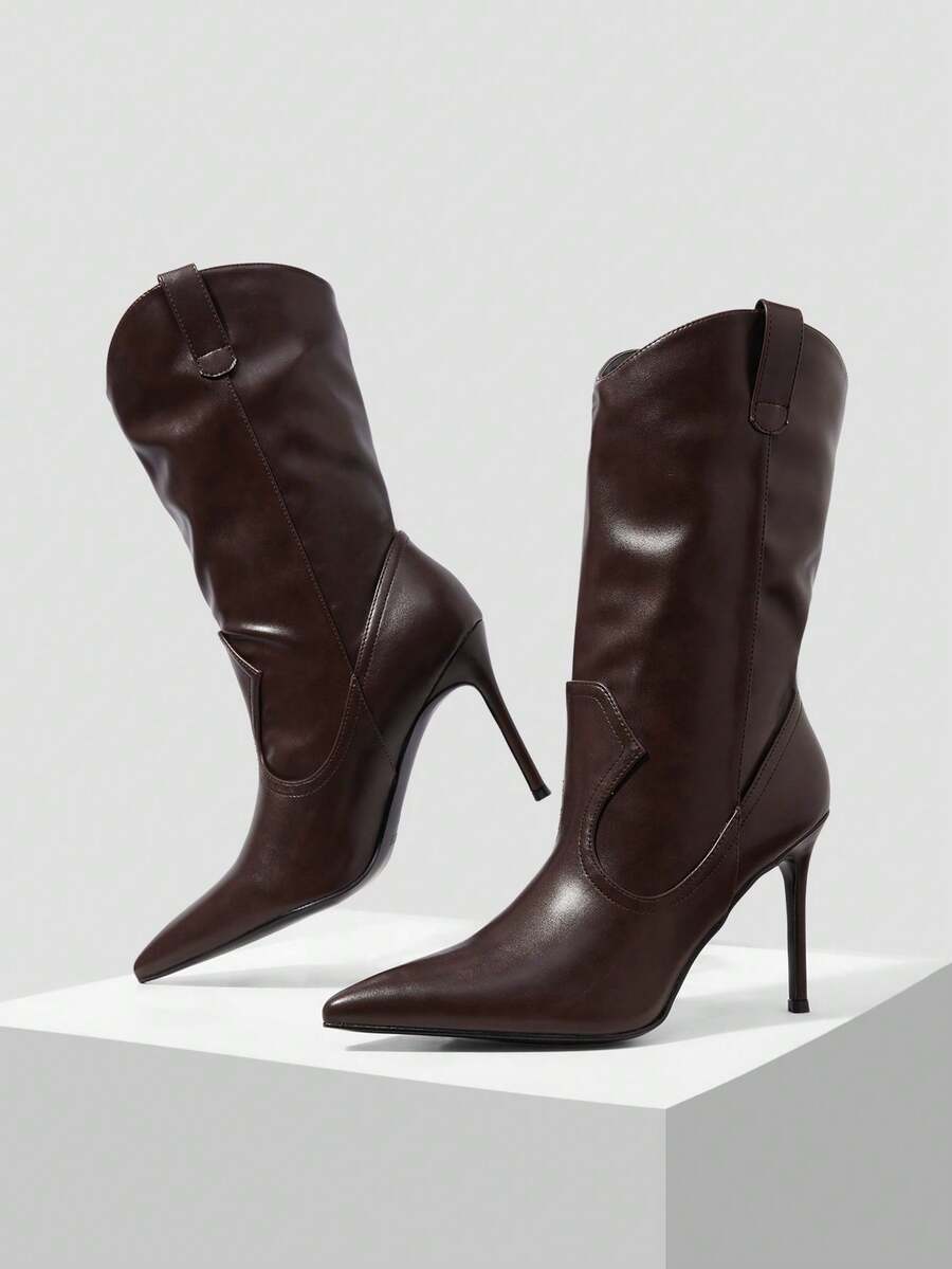 MOTF BROWN MINIMALIST WESTERN COWBOY BOOTS POINTED TOE STILETTO HEEL ELEGANT VERSATILE SLIMMING MID-CALF WOMEN'S BOOTS, MINIMALIST SMOOTH LEATHER V-CUT RIDING BOOTS SEXY STILETTO HEEL COMMUTE DATE VERSATILE ELEGANT FASHION BOOTS ALL-MATCH STYLE PURE BLACK POINTED TOE HIGH HEEL WESTERN BOOTS MATURE STYLE LEG-LENGTHENING VERSATILE AUTUMN/WINTER MID-CALF BOOTS - Coffee - View 2