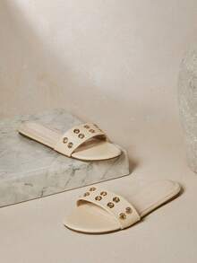 SHUZIA Women's Fashionable Comfortable Metal Eyelets Decor Slip-On Flat Sandals - White - View 1