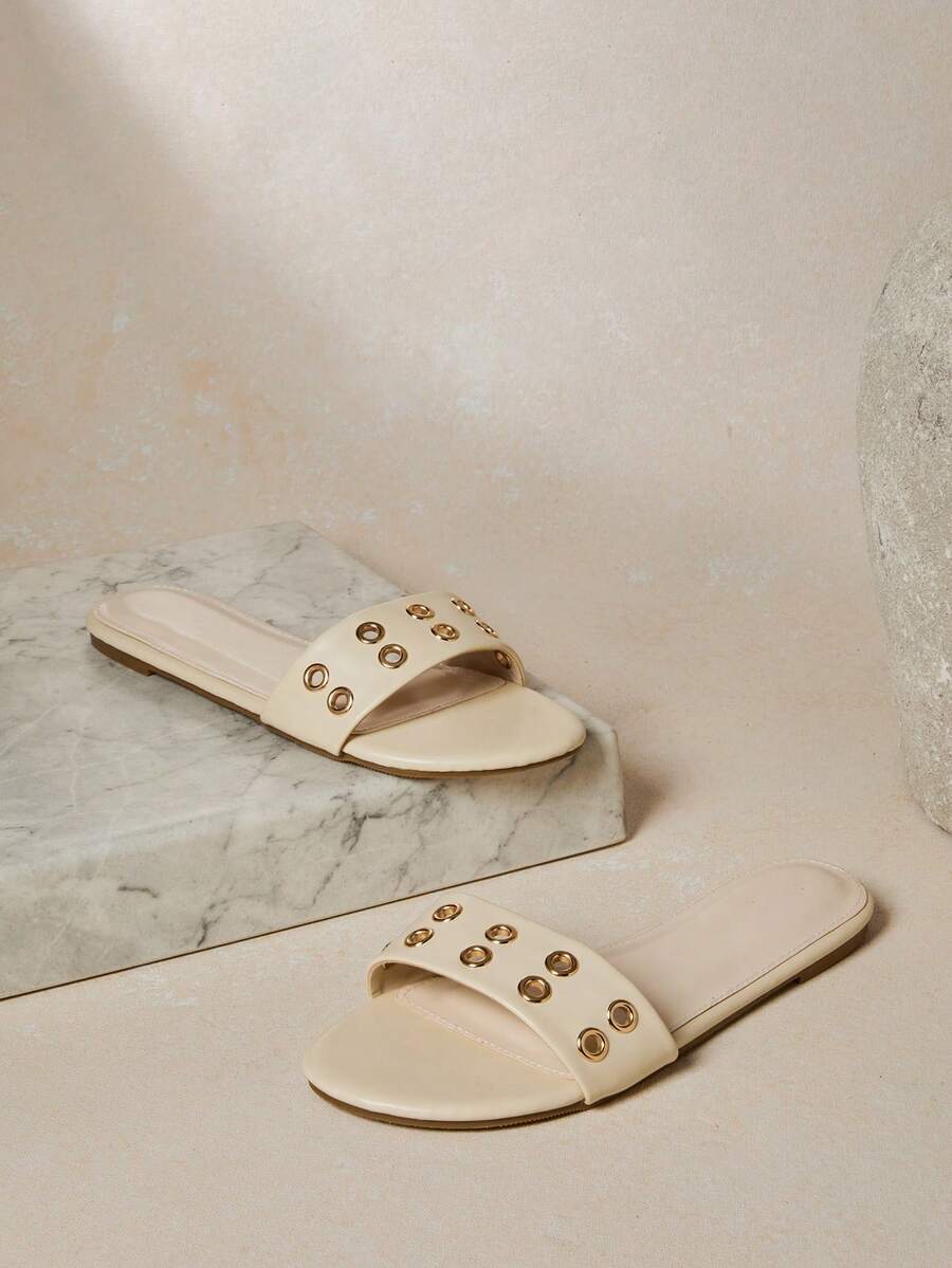 SHUZIA Women's Fashionable Comfortable Metal Eyelets Decor Slip-On Flat Sandals - White - View 1