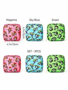THE POWERPUFF GIRLS X SHEIN Feitian Full Version Square Storage Bag, Zipper Sealed, Can Store Sanitary Napkins, Makeup, Earphone Data Cables, Support Single Or Complete Sets, Girls Commuting, Traveling Portable Multi-Functional Sundries Makeup Storage Bag - Multicolor - View 9