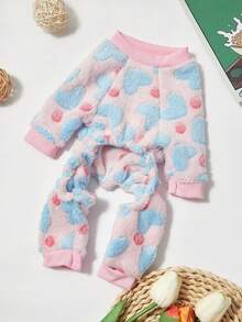 PETSIN 1pc Pet Dog Cat Fleece Jumpsuit With Heart Print, Warm Outfit - Multicolor - View 5