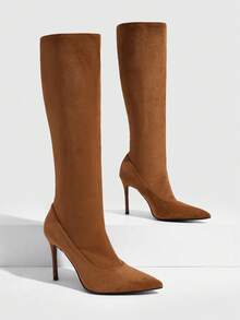 CUCCOO SZL Brown Elastic Patchwork Pointed Toe High Shaft Boots For Women, Autumn/Winter Thin Heel Slimming Knee-High Boots, Commute Versatile - caramel color - View 1