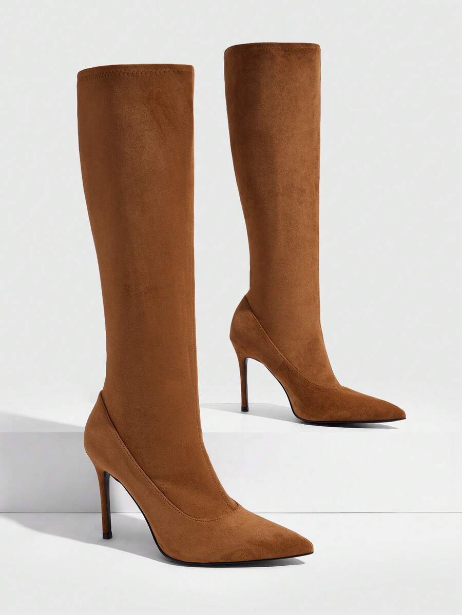 CUCCOO SZL Brown Elastic Patchwork Pointed Toe High Shaft Boots For Women, Autumn/Winter Thin Heel Slimming Knee-High Boots, Commute Versatile - caramel color - View 1