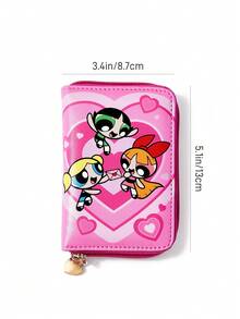THE POWERPUFF GIRLS X SHEIN Printed Jewelry Storage Bag, Pink PU Material, Zipper Closed Design, With Heart-Shaped Pendant, Suitable For Storing Earrings, Necklaces, Rings, Small And Portable, Suitable For Travel And Home - powder - View 5