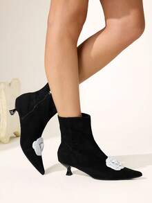 CUCCOO CHICEST Women's Autumn/Winter New Camellia Floral Patchwork Pointed Toe Kitten Heel Boots - ink black - View 7