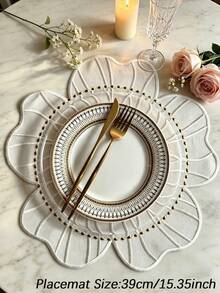 Cirelle 1pc Floral Embroidered Placemat And Coaster, White Flower Shaped Fabric Table Mat, Elegant Heat Resistant Tableware Dinner Mat For Home Wedding Party Decor - Beige - View 11