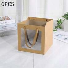 1pc/6pcs Set Square Clear Window Kraft Paper Bags, Daily Necessities Packaging Handheld Bags, Paper Flower Gift Bags With Ribbon Handles, Paper Shopping Bags, Suitable For Birthday, Wedding, Party,Valentine's Day, Easter - multicolor - View 14