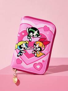 THE POWERPUFF GIRLS X SHEIN Printed Jewelry Storage Bag, Pink PU Material, Zipper Closed Design, With Heart-Shaped Pendant, Suitable For Storing Earrings, Necklaces, Rings, Small And Portable, Suitable For Travel And Home - powder - View 2